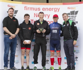 (L-R) Joe Diver, firmus energy is joined by competitors of the male race, Sean McDonnell (3rd place) Finbar McGrady (1st place), Peter Tomany (2nd place) and Eamonn Connolly, Manager of Newry Business Improvement District (BID).  