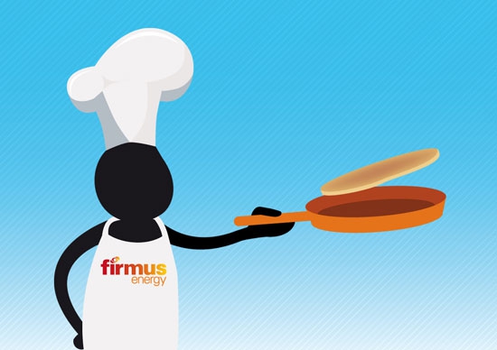 Image: firmus 'frank' character flipping a pancake for pancake tuesday